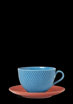 Lyngby Porcelæn Rhombe Color Tekop/underkop blå/terracotta Best